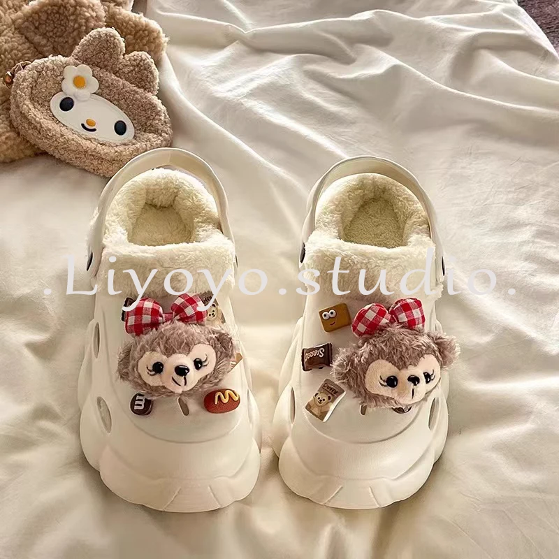 2024新款加绒棉洞洞鞋女冬季外穿保暖增高厚底毛毛棉毛拖鞋外穿