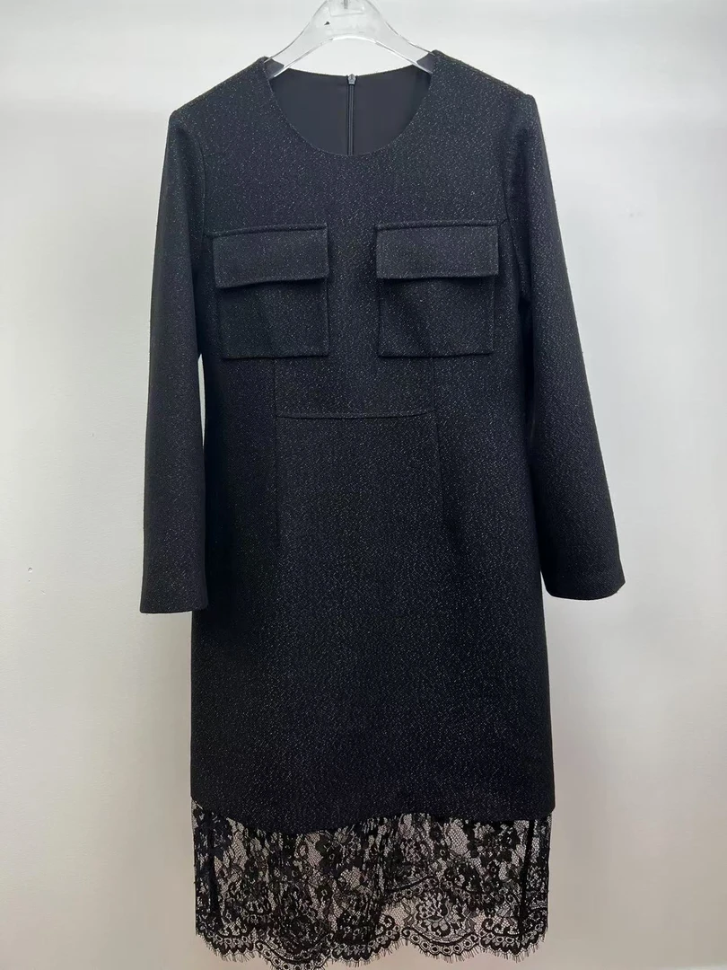 秋季新款绵羊毛中袖蕾丝气质时尚百搭长款拼接连衣裙24299