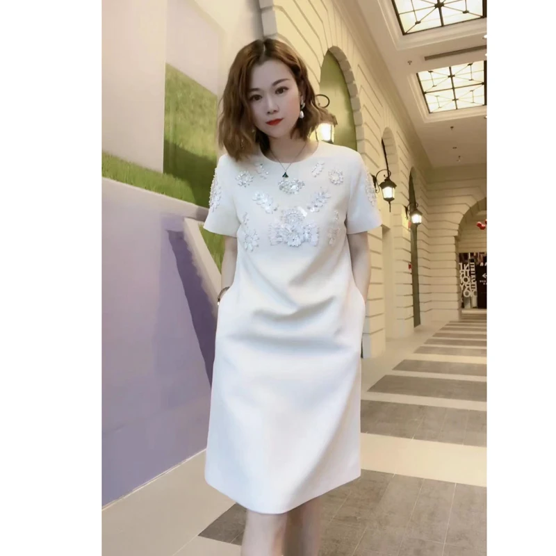 亮片钉珠重工早秋时尚气质简约中长款百搭裙3103