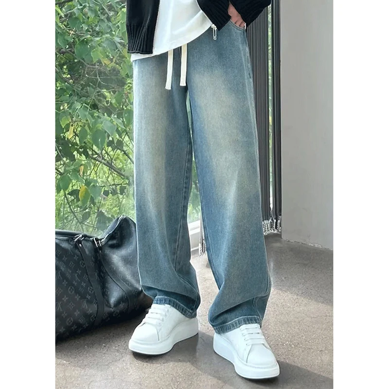 【时尚起易】秋季软牛仔裤男女韩版松紧百搭宽松休闲复古垂感直筒裤