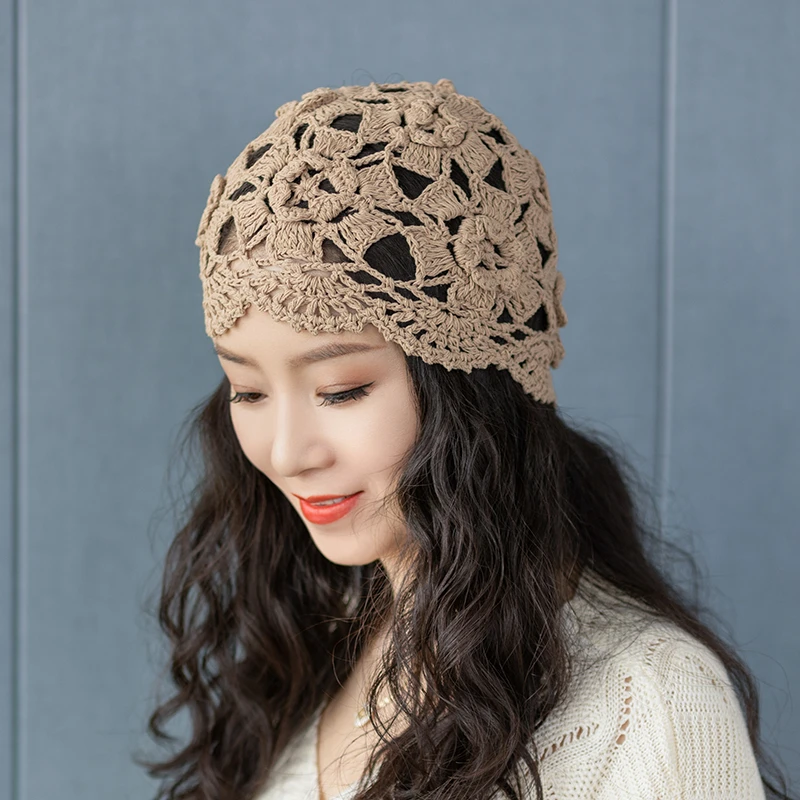帽子薄款女夏季蕾丝勾花镂空手工编织帽女士新款针织头巾遮白发帽
