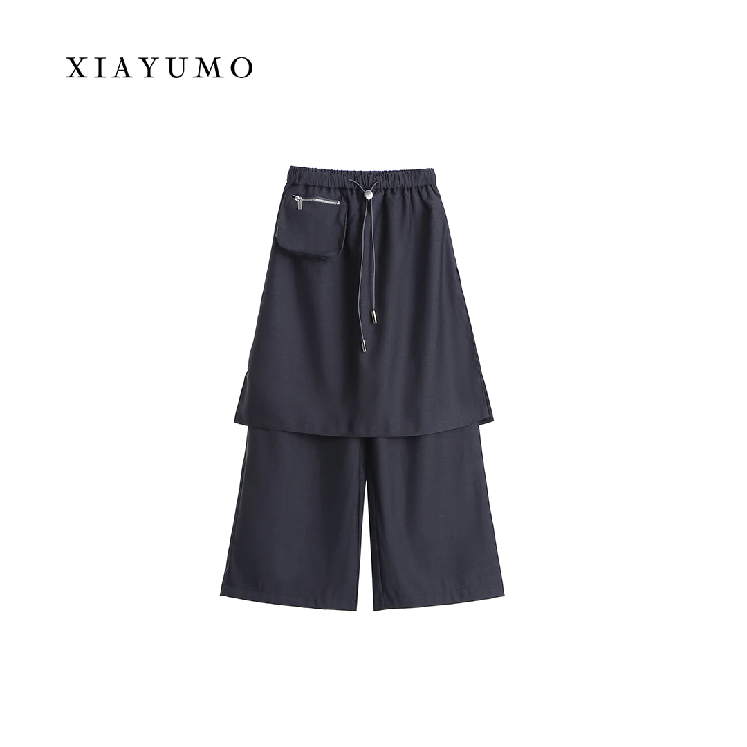 夏羽墨女童夏季蓝色时尚简约休闲裤气质显瘦百搭纯色通勤宽松长裤