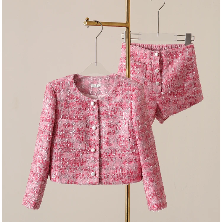 夏羽墨女童春装新款粉色气质亮片羊毛外套设计感小香风外搭