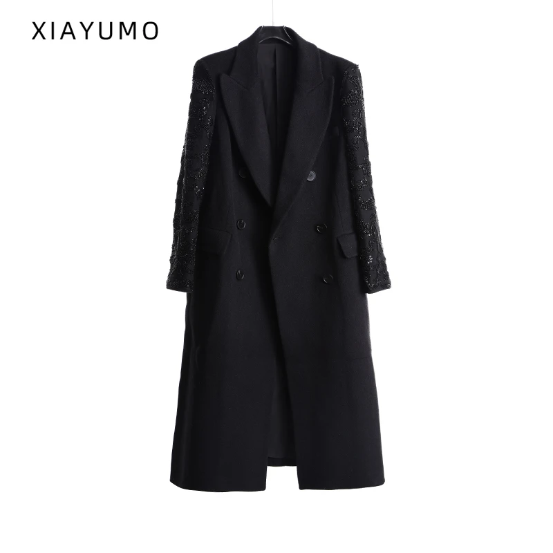 夏羽墨原创设计黑色刺绣翻领呢大衣