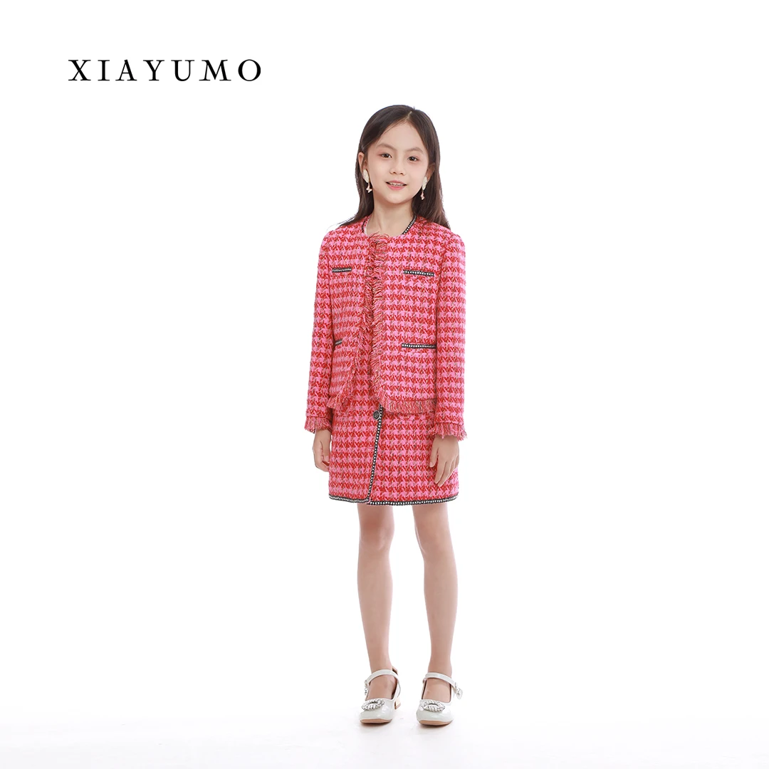 （两件套）夏羽墨女童秋冬新款火龙果色小香风千鸟格时尚毛呢套装