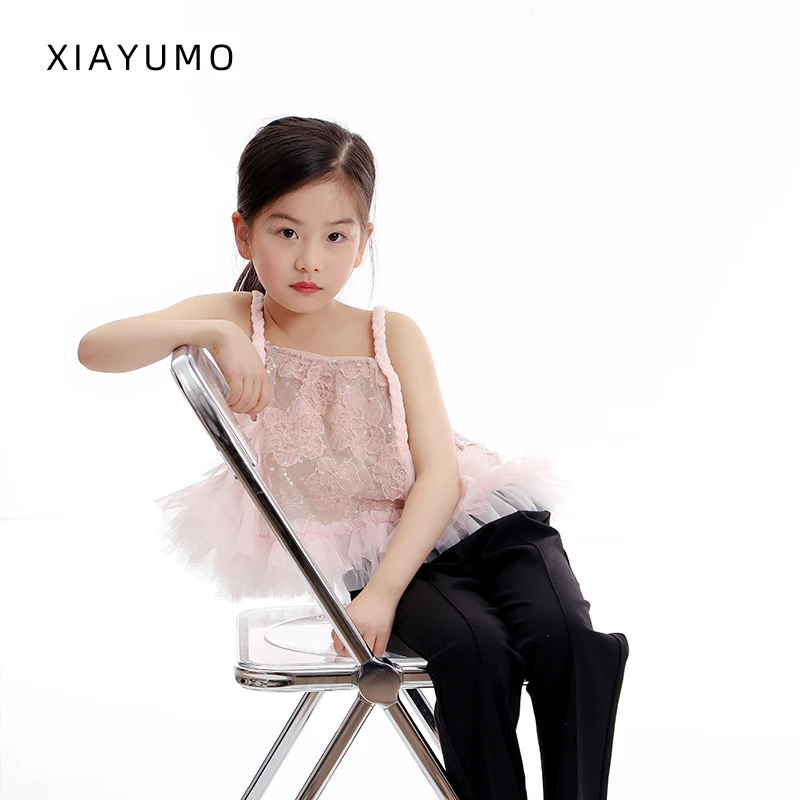 夏羽墨女童夏季新款粉色吊带上衣短款日常搭配外穿圆领设计感吊带