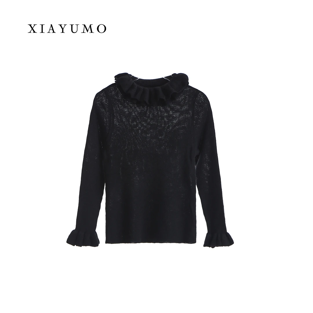 夏羽墨纯色轻奢圆领泡泡袖时尚休闲百搭女童圆领针织长袖打底