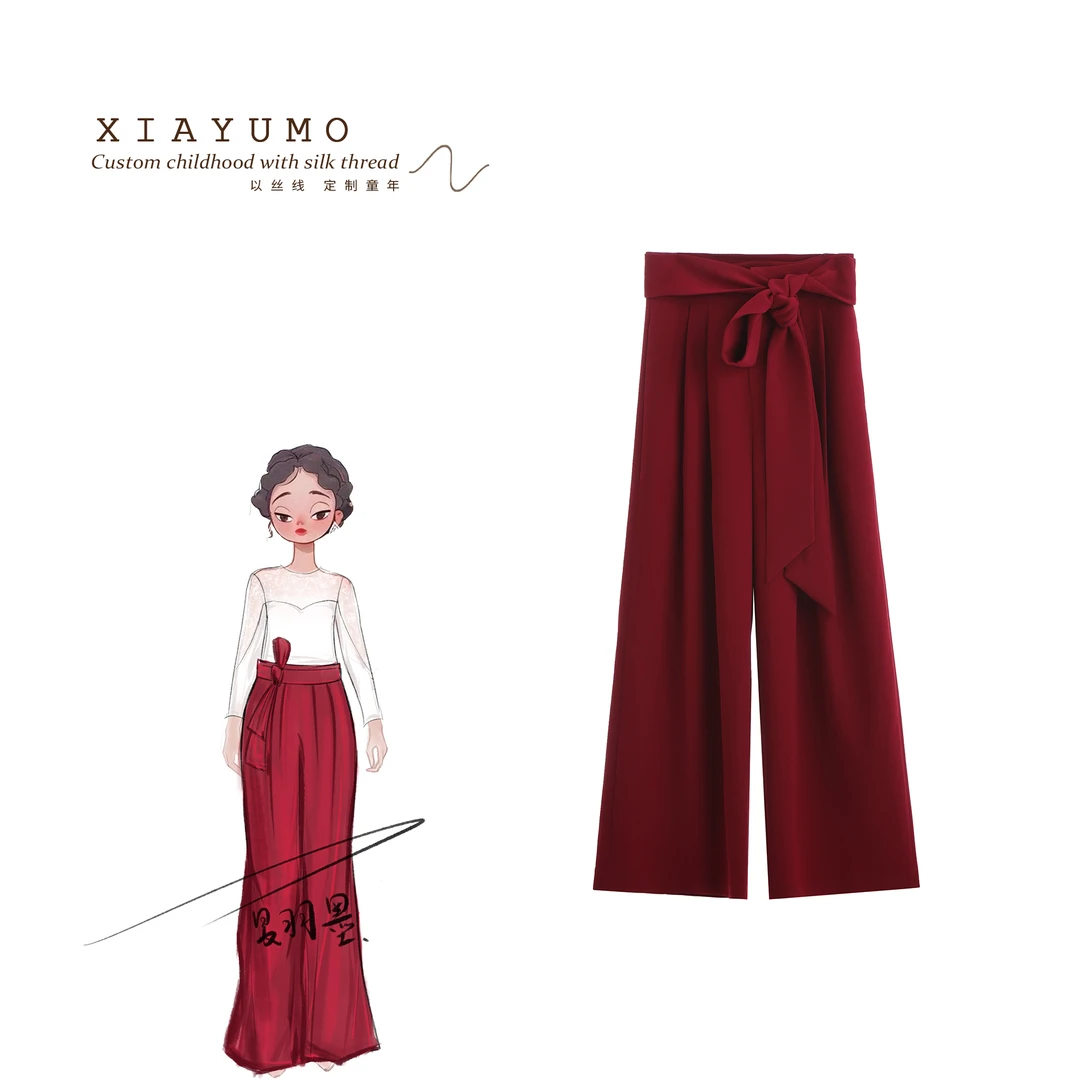 夏羽墨亲子秋冬新款红色系带休闲裤日常通勤长款阔腿裤子