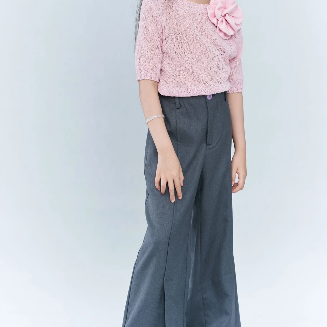 夏羽墨女童春夏新款灰色中腰时尚气质开叉直筒裤宽松复古小众裤子