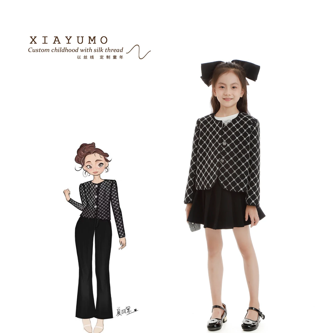 夏羽墨女童秋冬新款黑白菱形格拼接小香风外套粗花呢复古长袖外搭