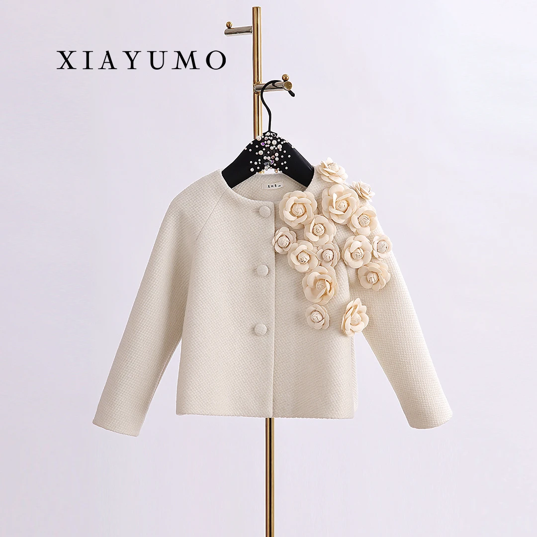 夏羽墨女童春秋新款白色花朵小香风短款外套时尚宝宝百搭洋气外搭