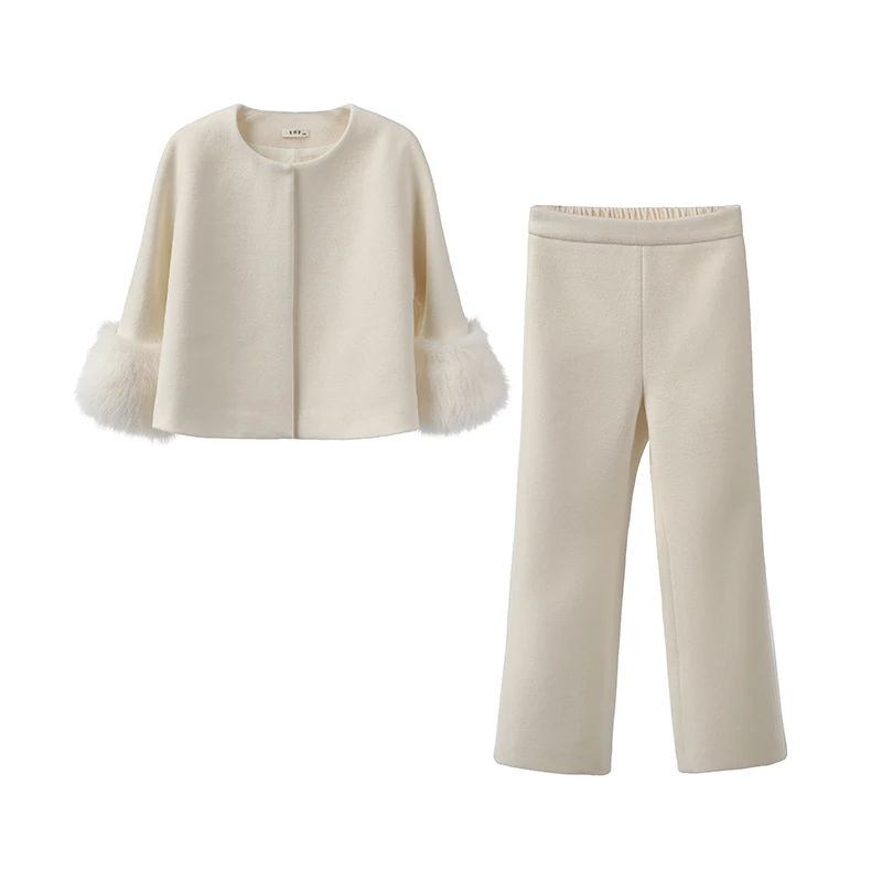 夏羽墨女童秋冬新款白色气质小香风毛呢套装日常休闲百搭两件套