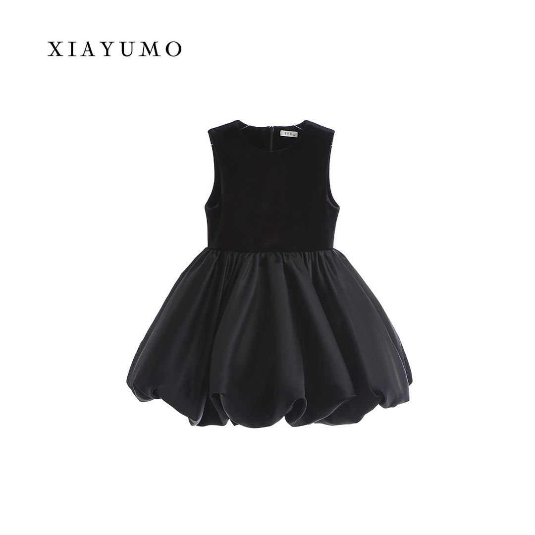 夏羽墨女童早秋新款背心裙无袖气质丝绒蓬蓬裙
