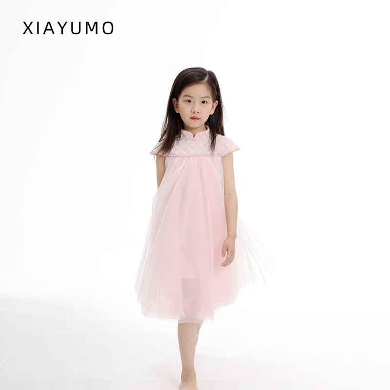 夏羽墨夏季新款粉色盖肩轻礼服女童轻奢时尚公主连衣裙花童主持服