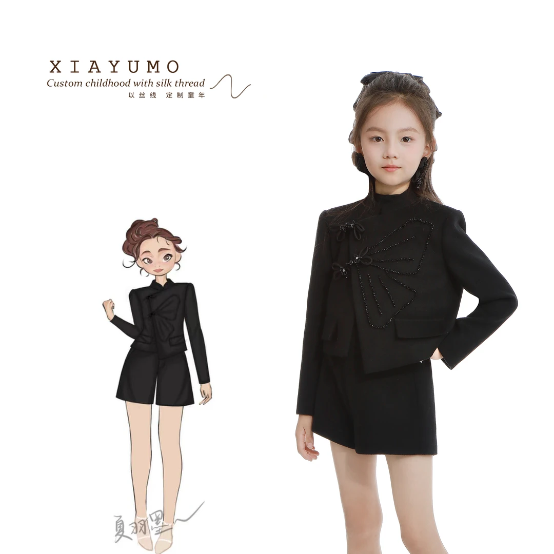 夏羽墨女童秋冬新款黑色新中式立领外套百搭套装气质刺绣长袖套装