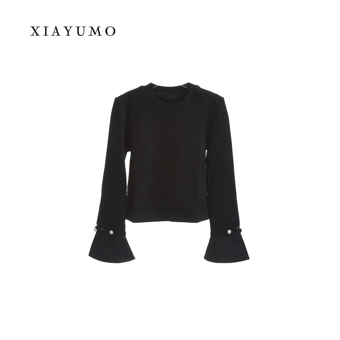夏羽墨女童秋季新款黑色喇叭袖圆领打底衣时尚气质百搭洋气