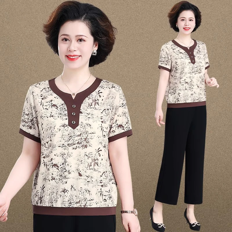 妈妈夏装洋气小衫两件套装2024新款中老年女装春夏碎花上衣T恤衫