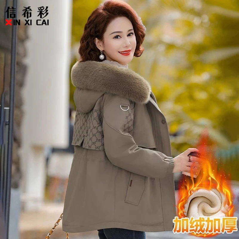 中年妈妈秋冬风衣外套中长款加绒加厚派克服中老年人女款冬装棉衣