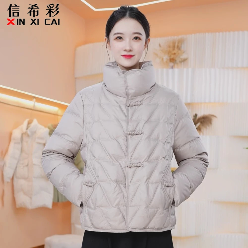 妈妈时尚保暖羽绒服冬装新款国风短款简约保暖棉衣白鸭绒外套