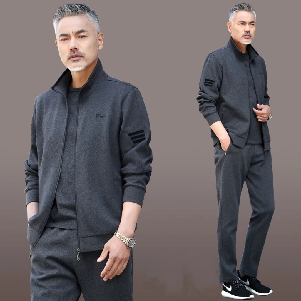 中年爸爸秋装套装运动服休闲套装男士中老年老人春秋季三件套衣服