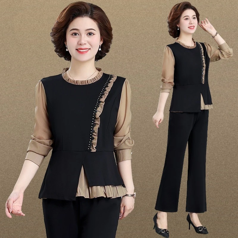 妈妈秋装时尚套装洋气新款中年女士气质上衣春秋中老年女装两件套