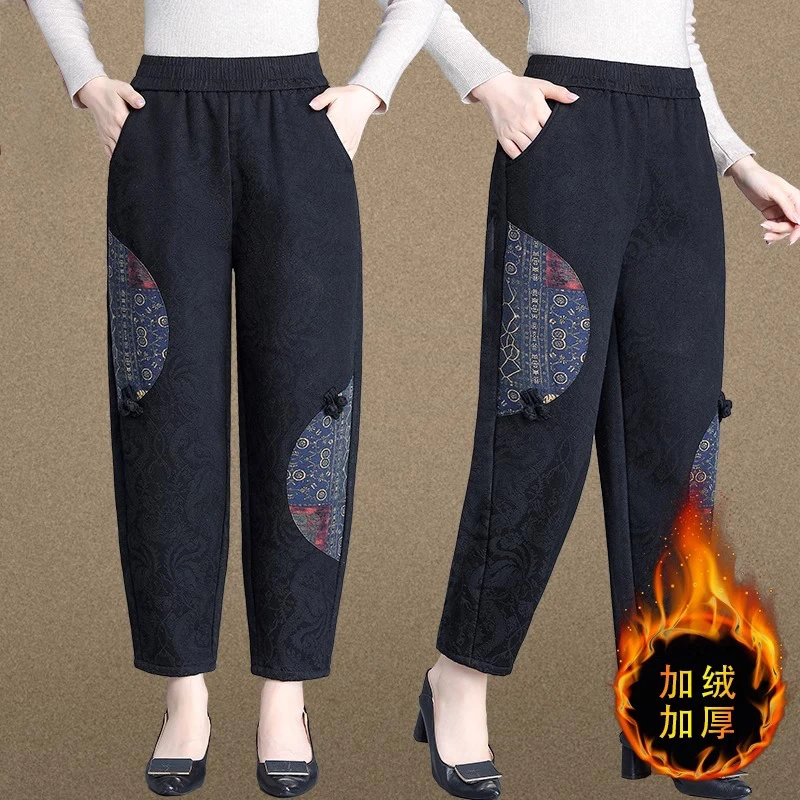 妈妈秋冬季加绒加厚棉裤中老年女奶奶外穿裤子国风大码高腰保暖裤