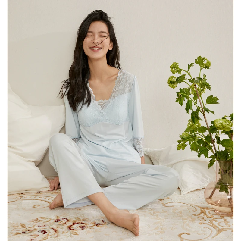 【月影蕾丝家居服】女士舒适秋季新款中袖显瘦睡衣套装8J53205180