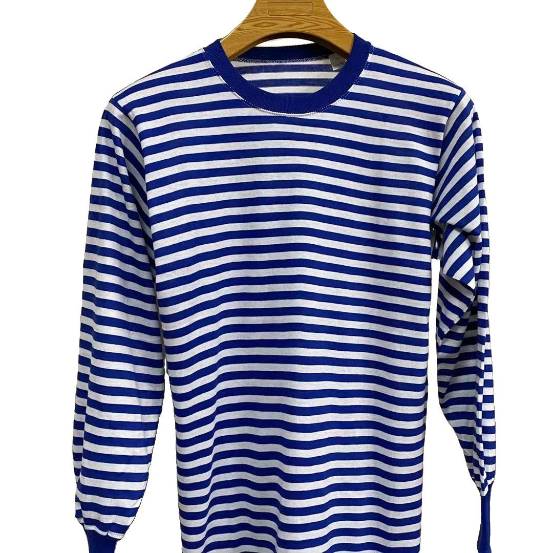 春秋蓝白条纹长袖T恤长袖打底衫圆领