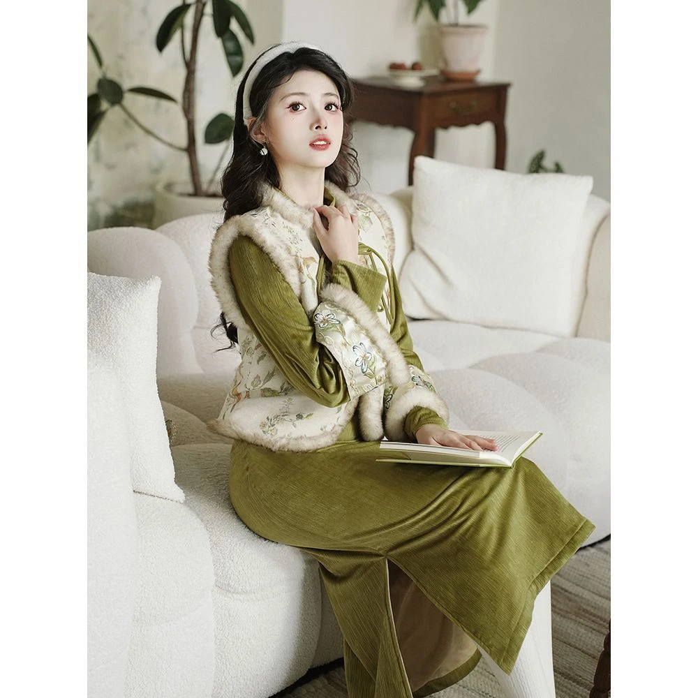 新中式女装温婉改良旗袍超仙马甲连衣裙国风复古套装汉元素两件套