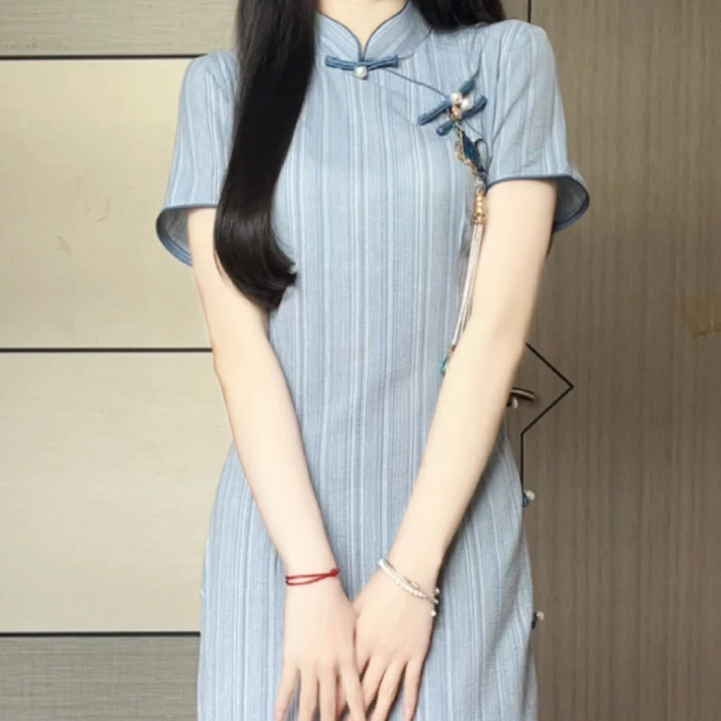 蓝色古风旗袍少女夏季新款2025改良文艺新中式年轻连衣裙日常可穿
