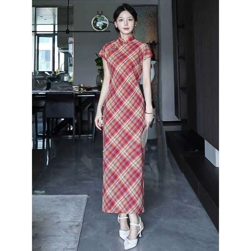 改良旗袍女夏季格纹新款红色复古民国高端气质格子日常改良年轻款