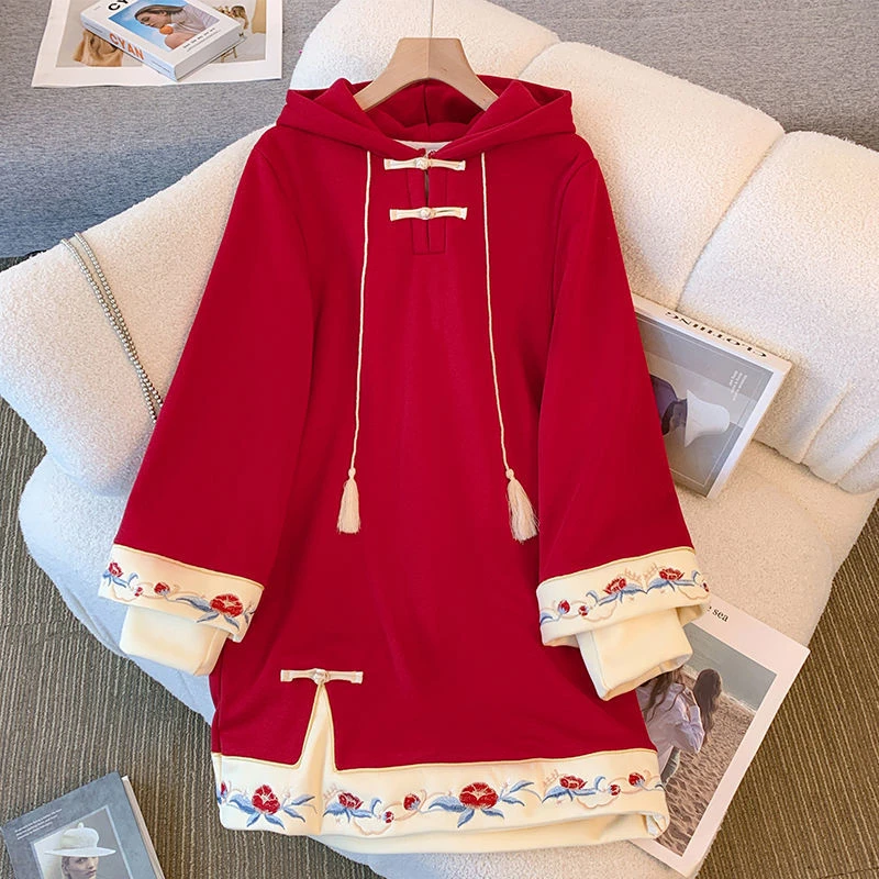 冬季新款中国风大码2025汉服加绒红色拜年连衣裙加厚圣诞新年战袍