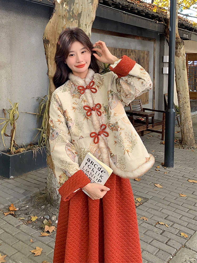 新中式国风盘扣加棉棉服外套蓬蓬捏褶半身长裙富家千金两件套装女