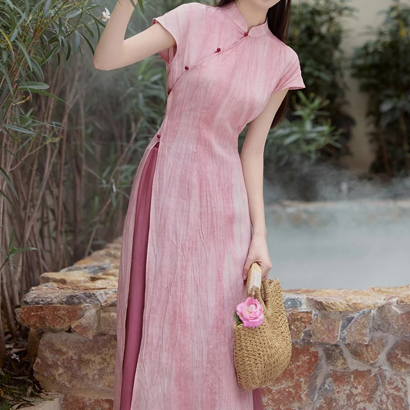 新中式国风百搭粉色旗袍女小个子气质连衣裙禅意茶服阔腿裤两件套