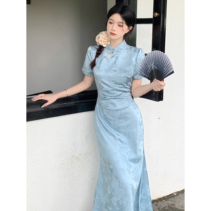 【云蓝序】新中式复古改良旗袍女夏季暗纹提花短袖连衣裙日常可穿
