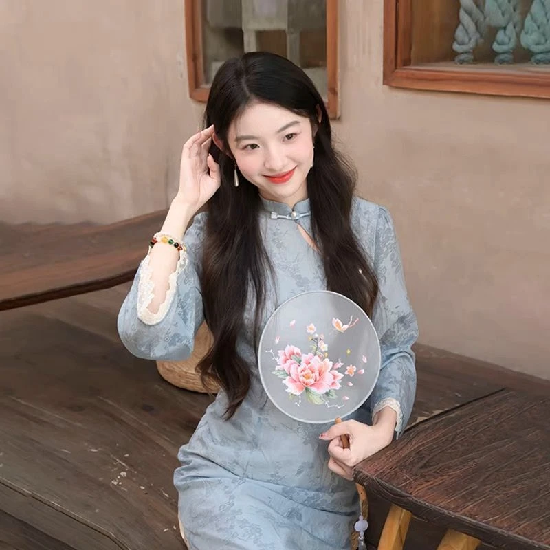 新中式蓝色拼接假两件连衣裙中国风改良旗袍超好看独特百搭小裙子