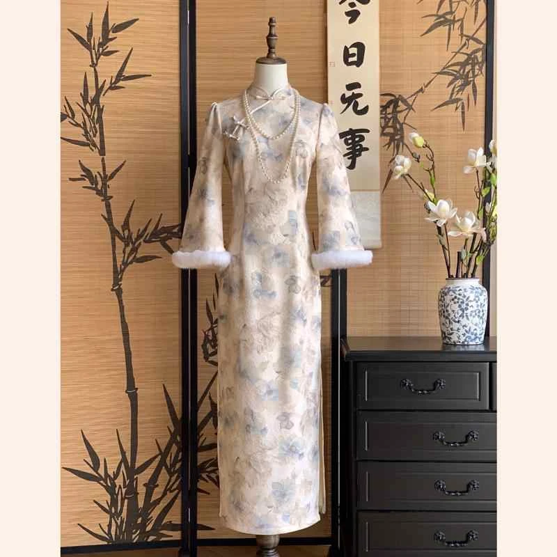 2025中式国风新款改良温柔秋冬款日常加厚倒大袖旗袍连衣裙 蓝茶