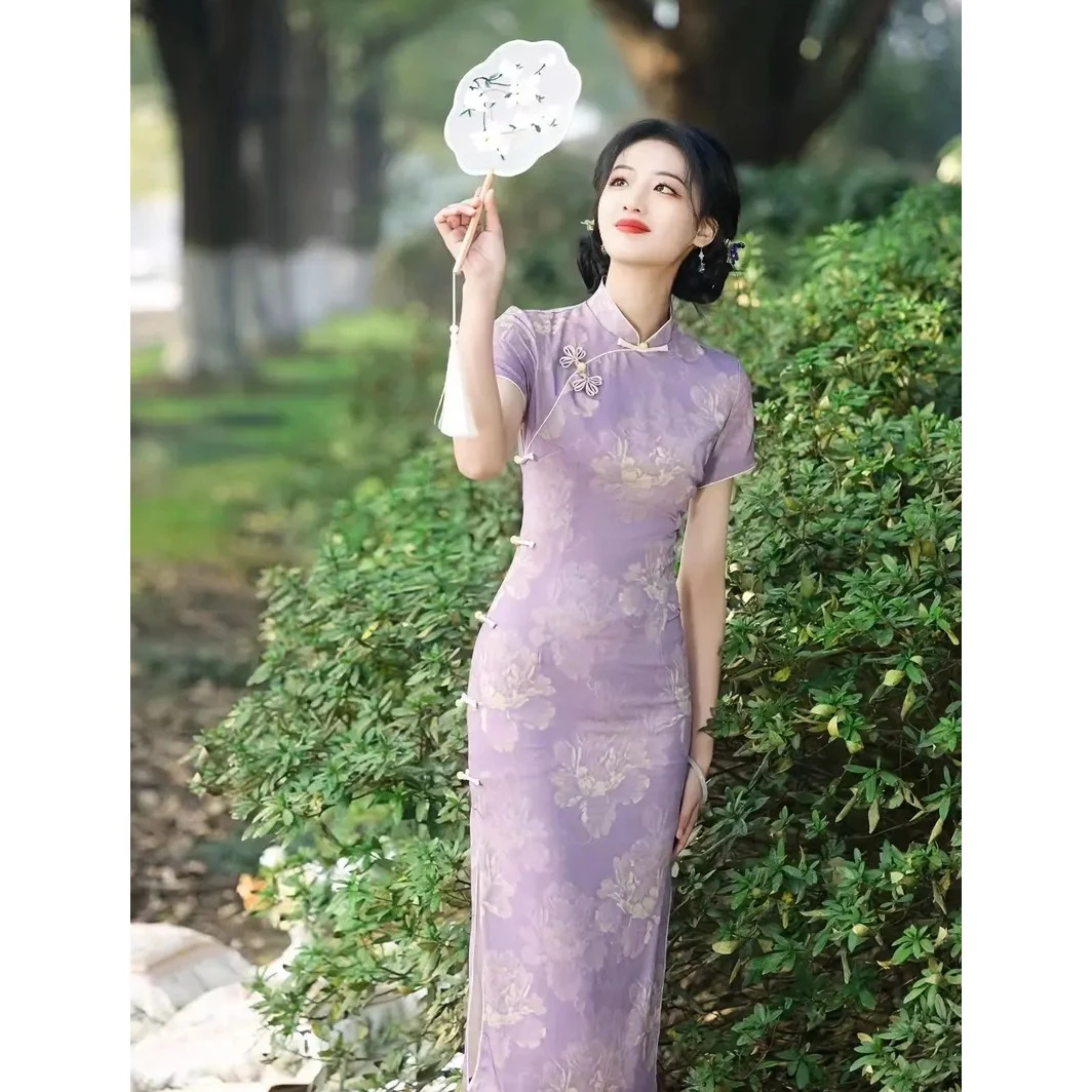 紫色新中式中国风改良旗袍绿色修身显瘦高档女装小个子高级连衣裙