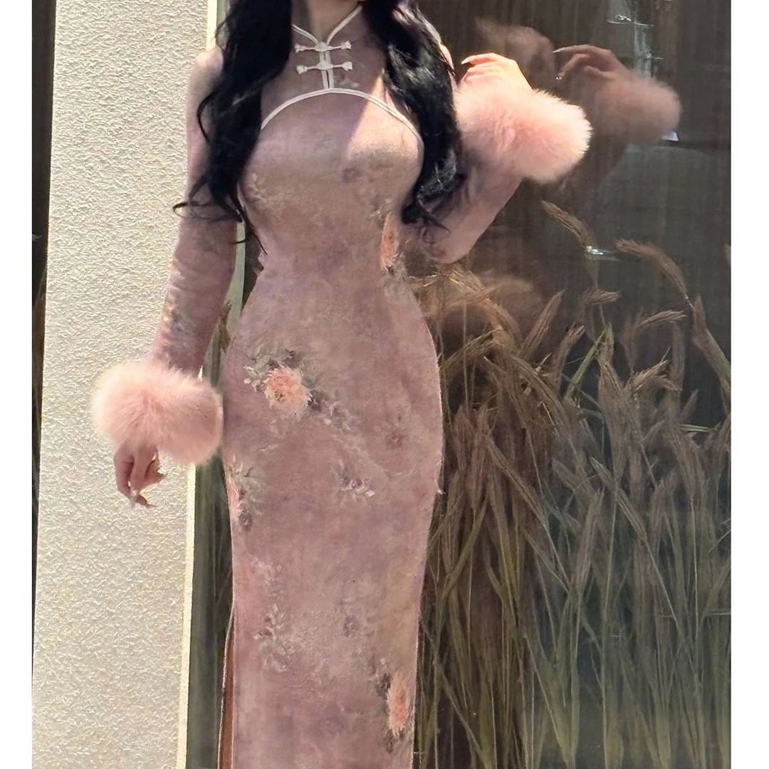 2025秋冬季新款加绒加厚改良版旗袍御姐超仙粉嫩连衣裙【粉娇娘】