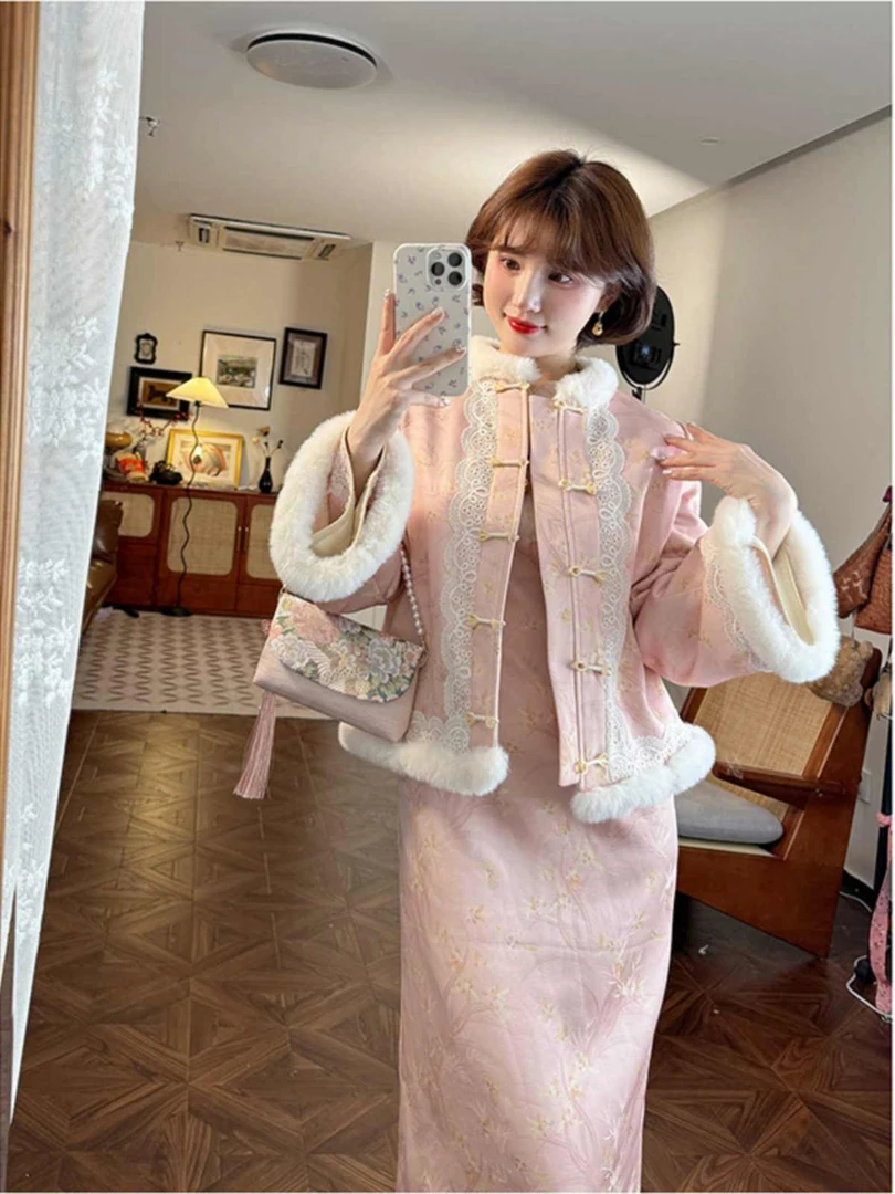 棠梨雪2025年冬季新款国风印花宽松外套上衣新中式国风加厚连衣裙