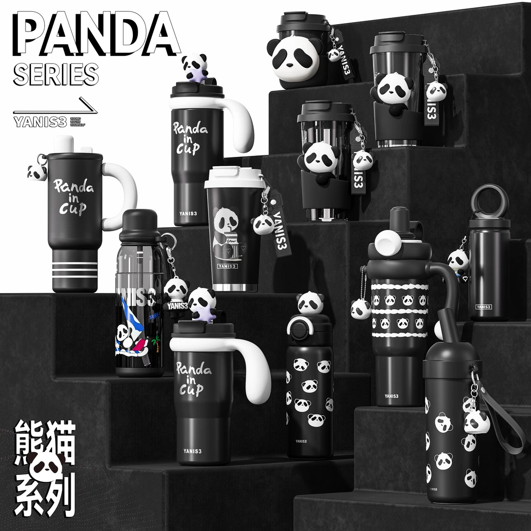 Yanis3水杯保温杯熊猫系列（黑色）直饮吸管高颜值男女学生上学杯子