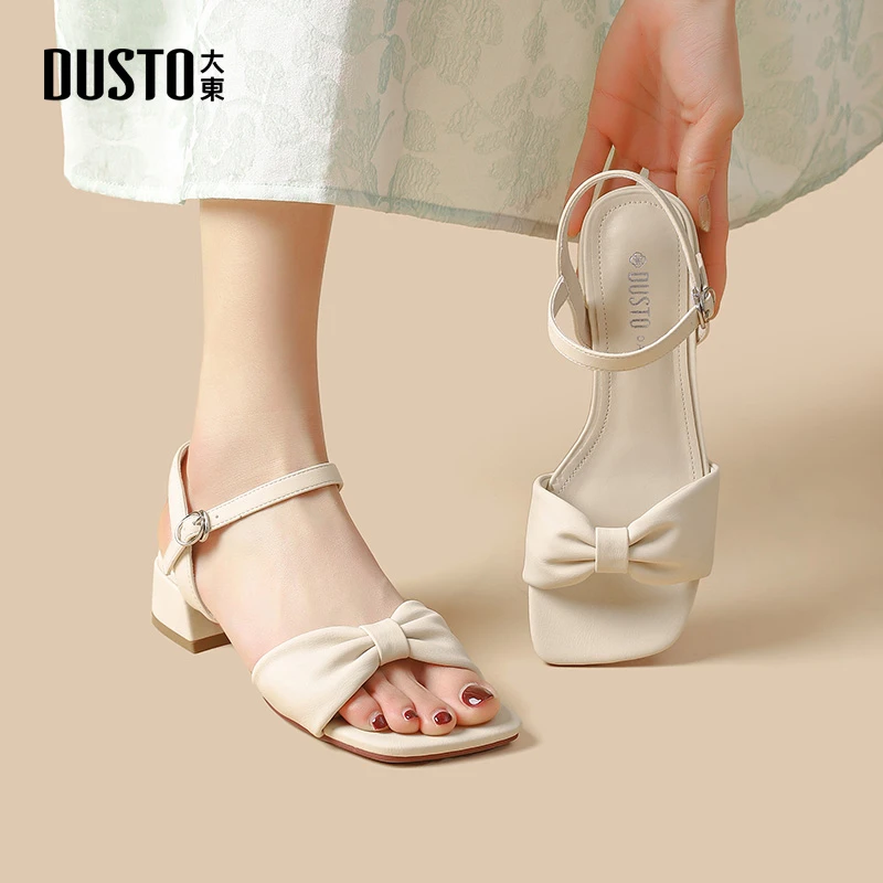 大东一字带凉鞋女鞋2025夏季新款优雅粗跟中跟方头一字扣纯色0005