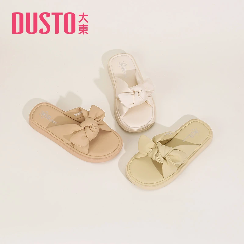 DUSTO/大东一字拖女2025夏季新款低跟平底凉拖蝴蝶结露趾女鞋0709