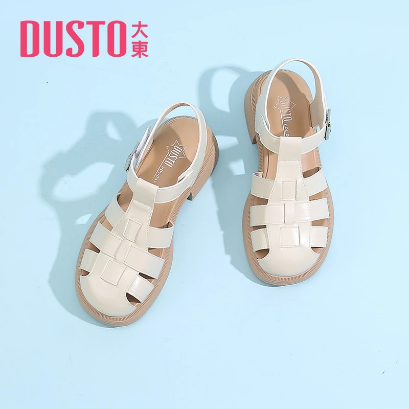DUSTO/大东时尚包头凉鞋2024夏季新款简约中跟粗跟圆头女鞋0661J