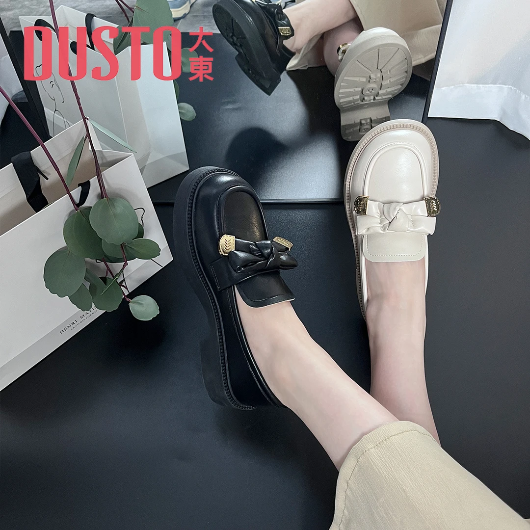 DUSTO/大东小皮鞋女2024时尚新款甜美蝴蝶结粗跟气质圆头单鞋0602