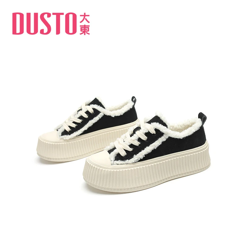 DUSTO/大东厚底板鞋新款春季休闲中跟圆头羊羔毛系带女鞋C0671