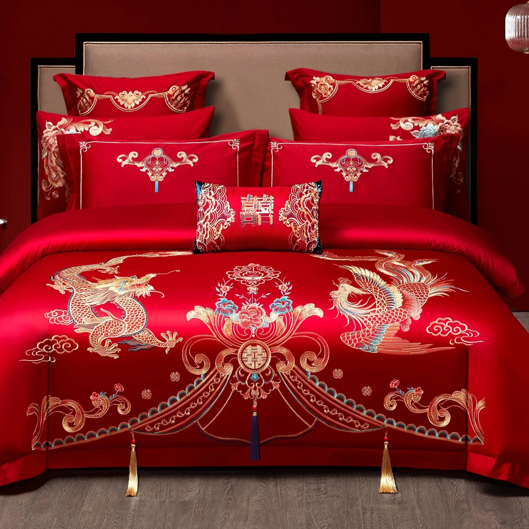 yy【花嫁喜事】高端刺绣婚庆结婚用品婚房四件套红色松弛感