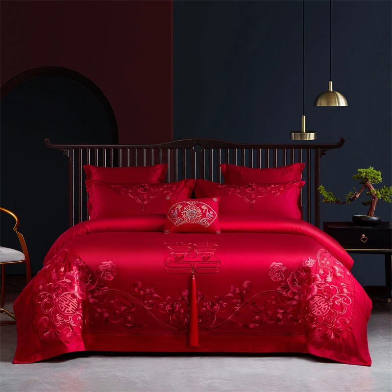 yy【金玉满堂—本色】婚庆结婚床上用品四件套花卉本色红色绣花婚房