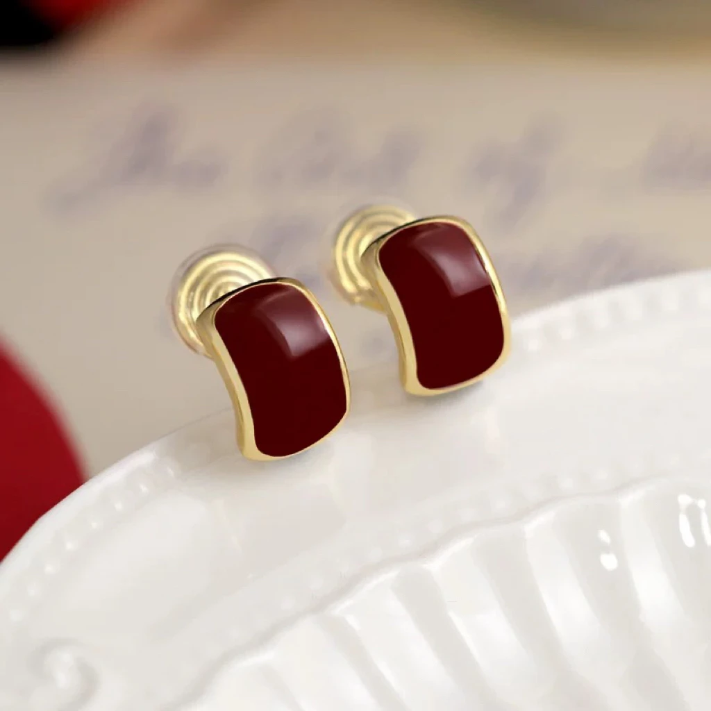 铜合金耳饰 珐琅油画感红色耳夹无耳洞女蚊香盘耳饰小巧耳环复古