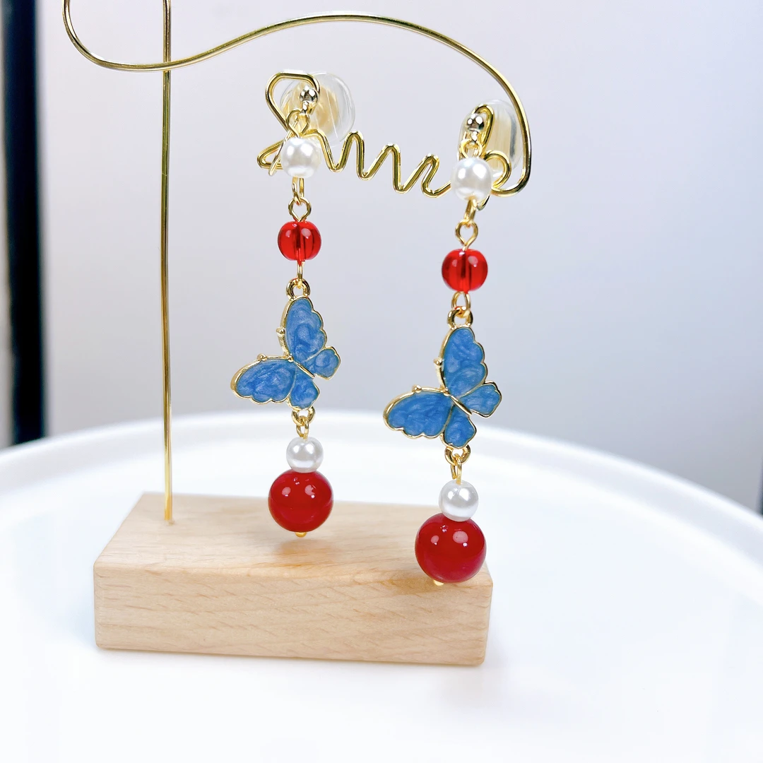 合金耳饰 新中式国风复古雾霾蓝蝴蝶耳夹小众设计高级感长款流苏